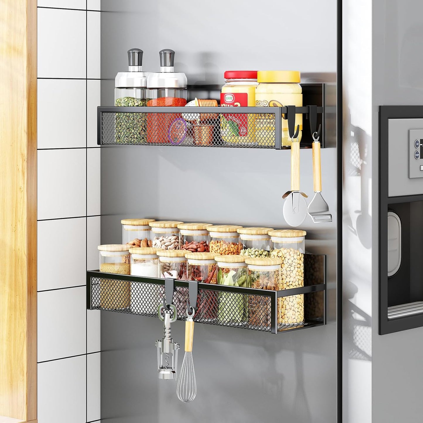 Magnetic Spice Rack for Refrigerator – Fridge Organizer with 4 Moveable Hooks for Kitchen Storage(2 Pack)