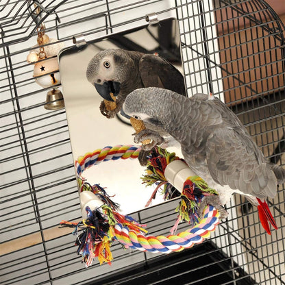 9 Inch Stainless Steel Bird Mirror with Rope Perch 