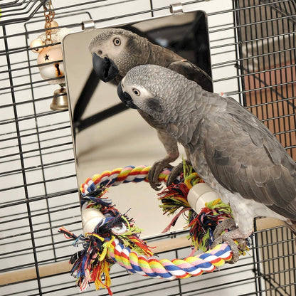 9 Inch Stainless Steel Bird Mirror with Rope Perch 