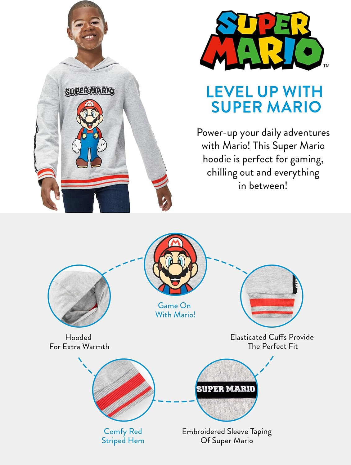 Hoodie | Mario Boys Hoodie | Ages 3 to 12 Years | Grey