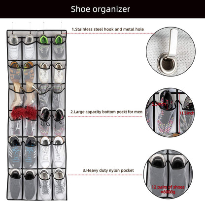 Over-the-Door Shoe Organizer – 24 Mesh Pocket Hanging Shoe Rack for Men, Women & Kids (White)