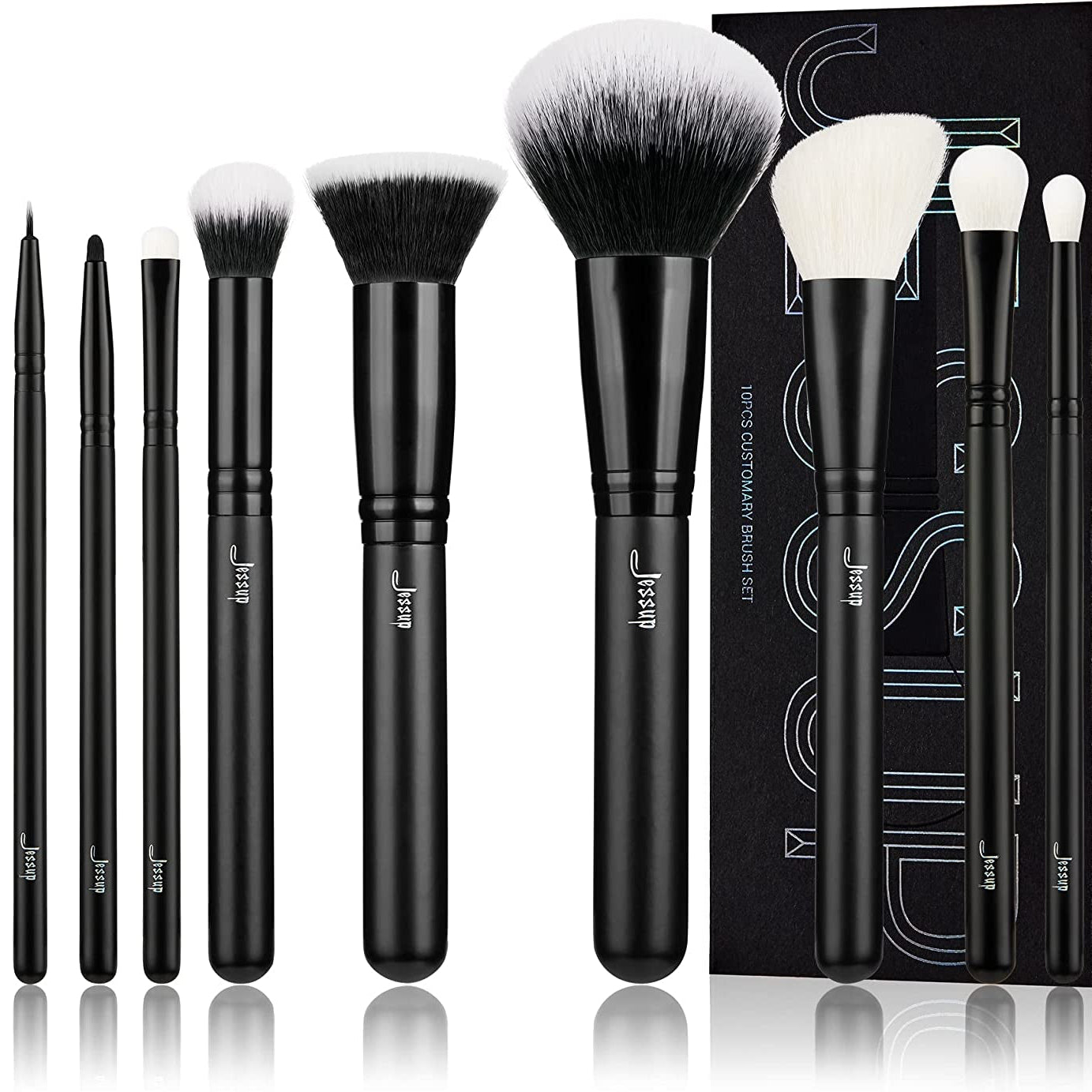 Black Makeup Brush Set (10 Pcs) with Natural Synthetic Hair 