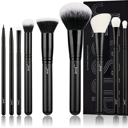 Black Makeup Brush Set (10 Pcs) with Natural Synthetic Hair 