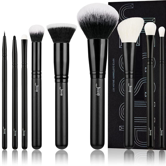 Black Makeup Brush Set (10 Pcs) with Natural Synthetic Hair 
