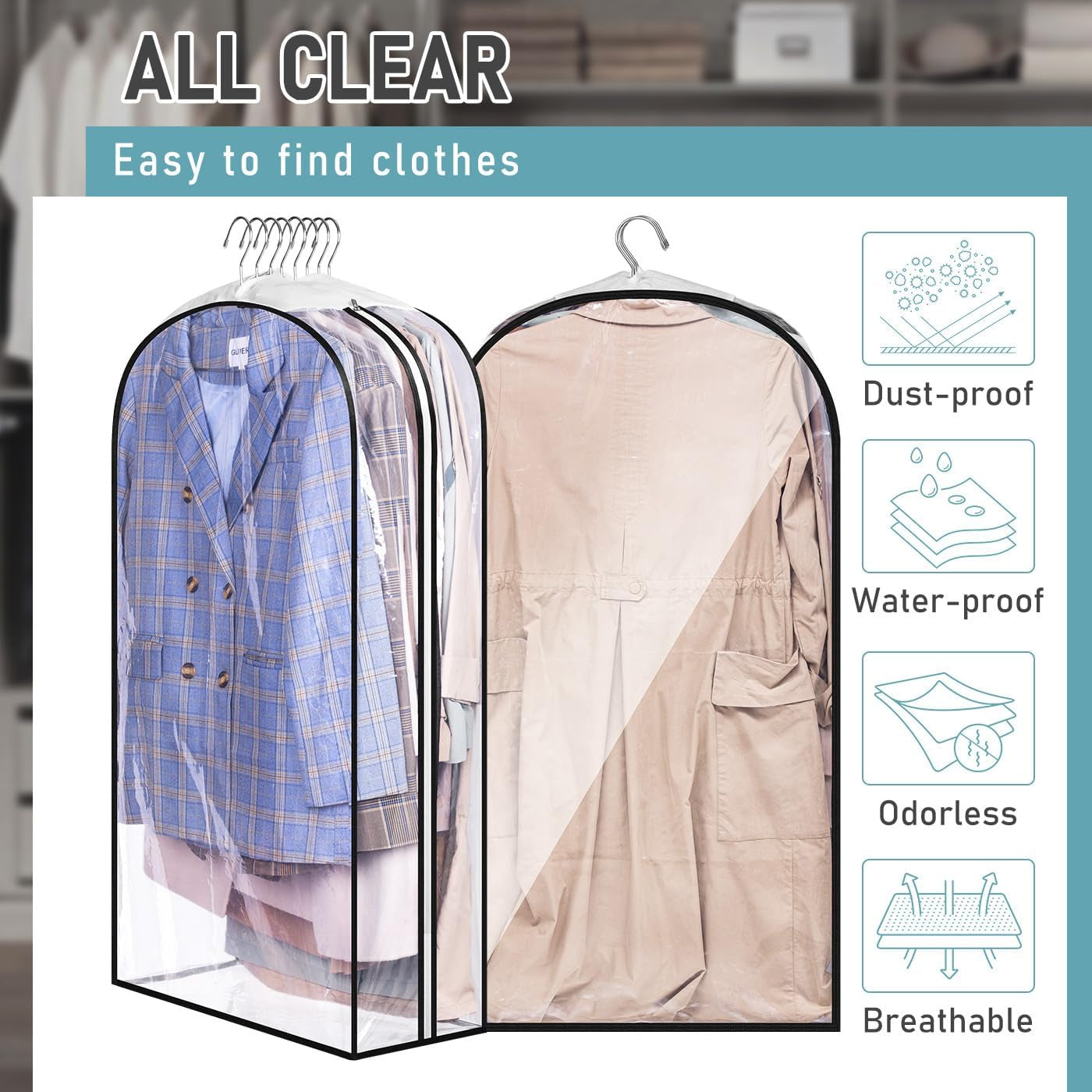 Clear Gusseted Garment Bags – 100cm Waterproof Suit Covers with Side Zip (3-Pack)