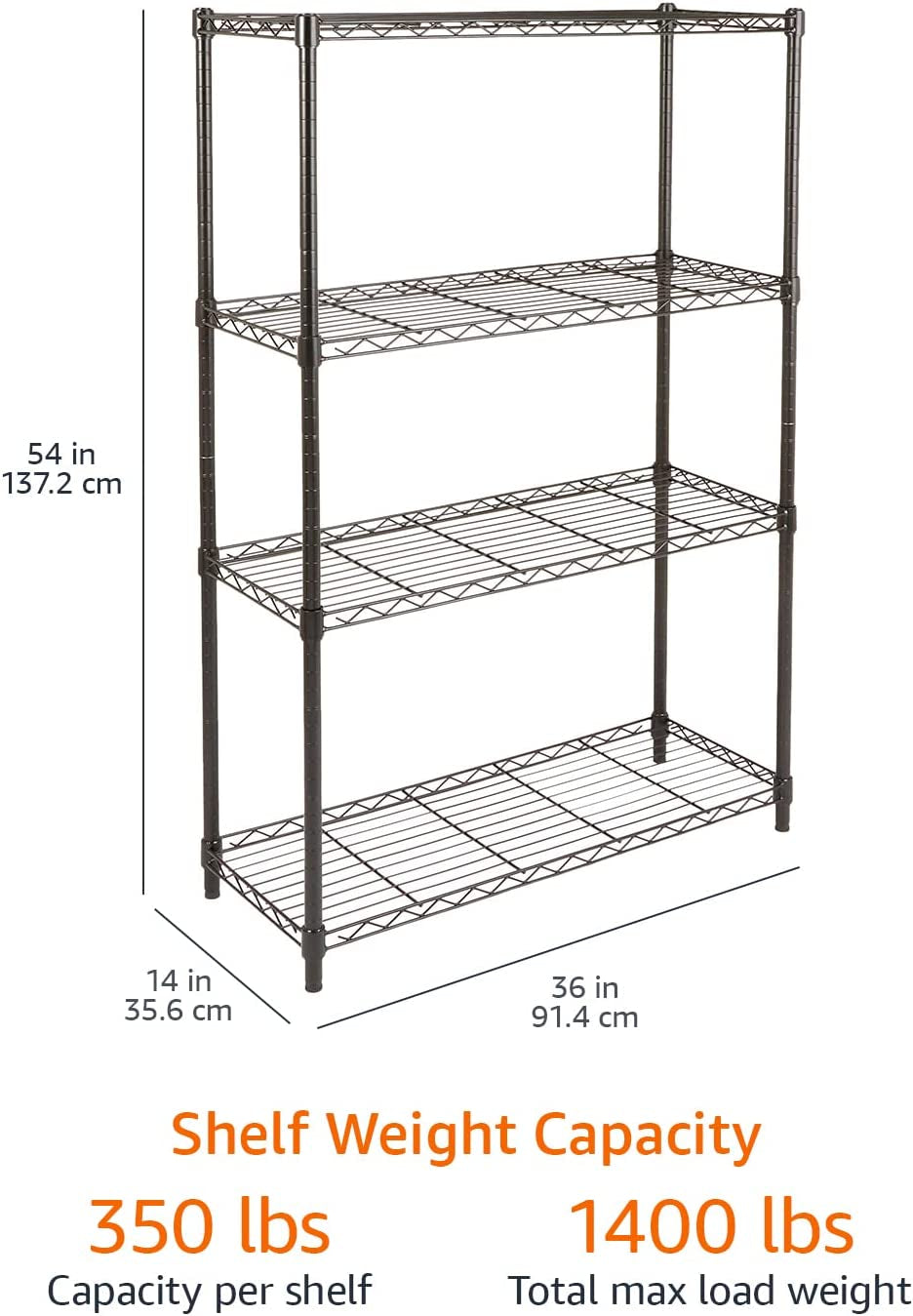 4-Shelf Adjustable Storage Unit – Black, 640 kg Max Load, Levelling Feet, 35.6×91.4×137.1 cm