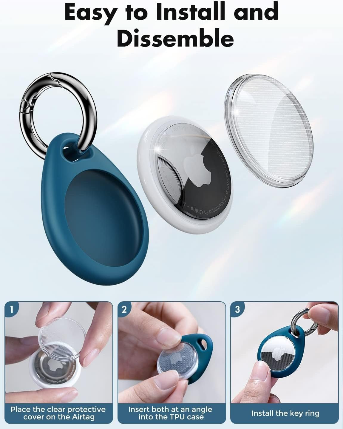360° Airtag Protective Case – 4-Pack TPU Keyring Holder, Scratch-Resistant Full Cover for Keys, Bags, Luggage & Pets [4-Pack] (Black&Blue)