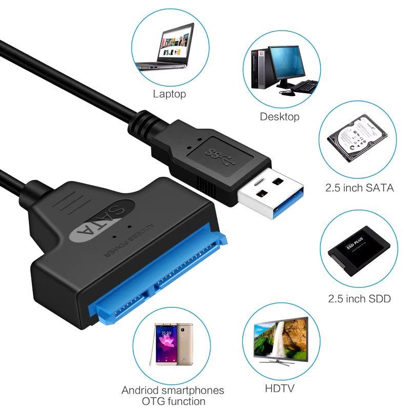 SATA to USB 3.0/2.0 Adapter Cable – 6Gbps for 2.5" HDD & SSD, SATA III 22-Pin to USB