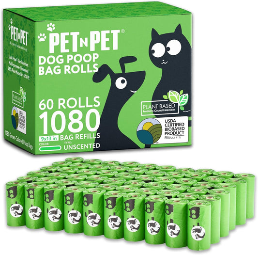 1080-Count Dog Poop Bags – 41% Plant-Based, Thick, Leak-Proof, Unscented (72 Rolls, 9×13)