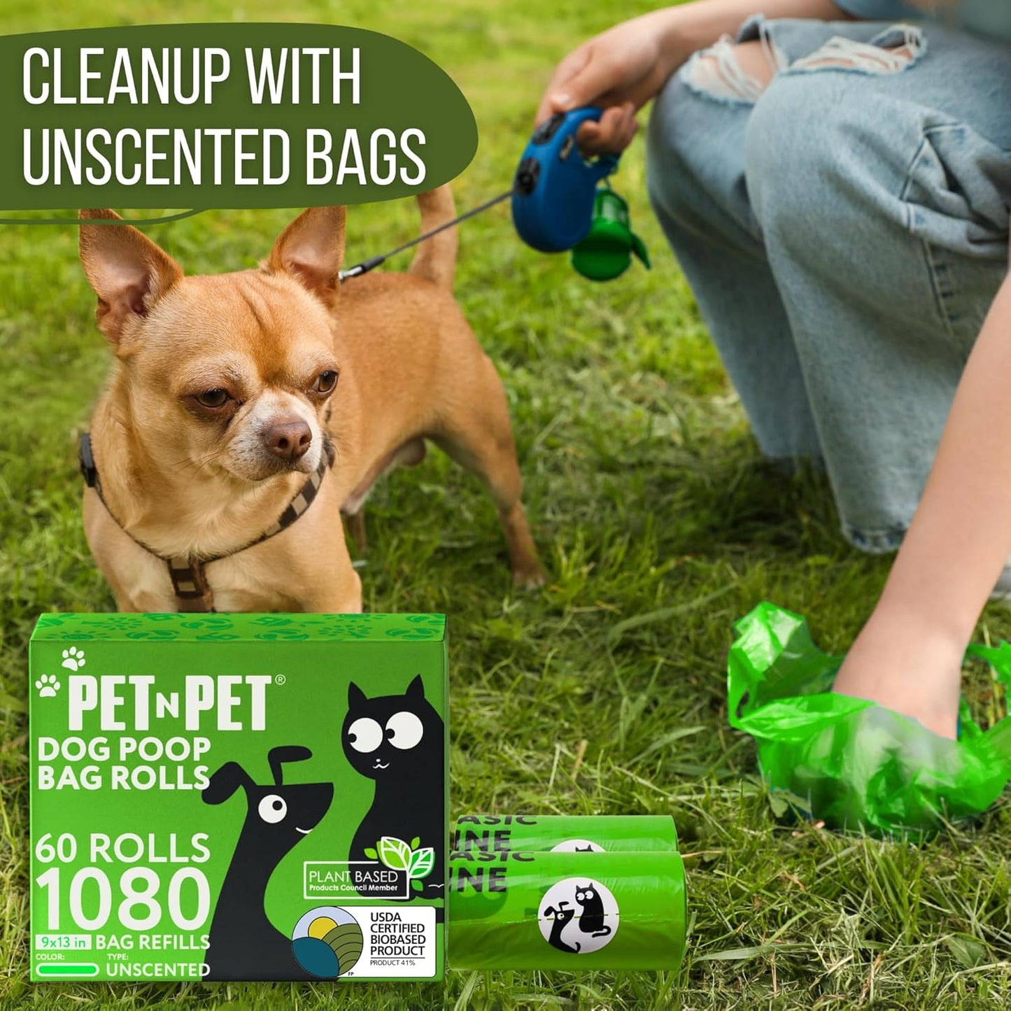 1080-Count Dog Poop Bags – 41% Plant-Based, Thick, Leak-Proof, Unscented (72 Rolls, 9×13)