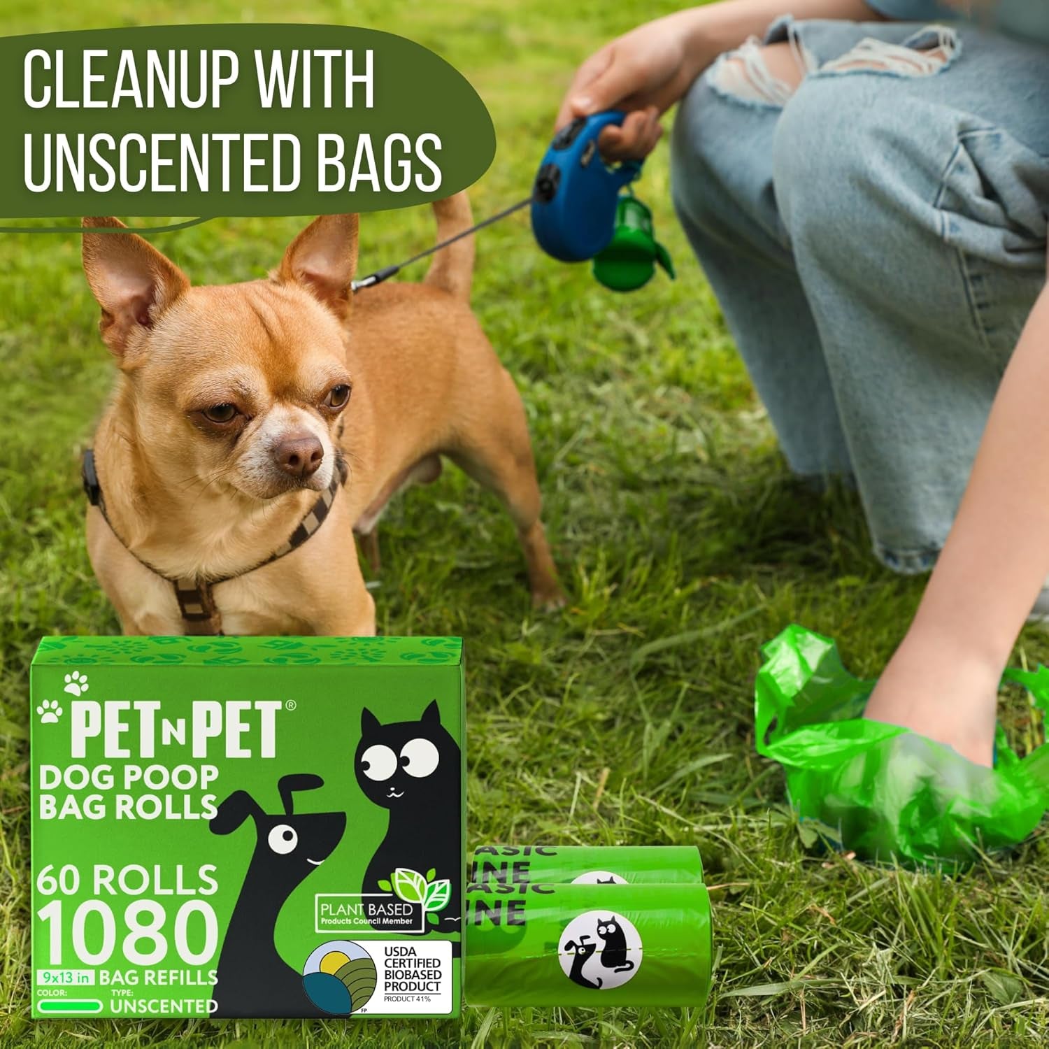 1080-Count Dog Poop Bags – 41% Plant-Based, Thick, Leak-Proof, Unscented (72 Rolls, 9×13)