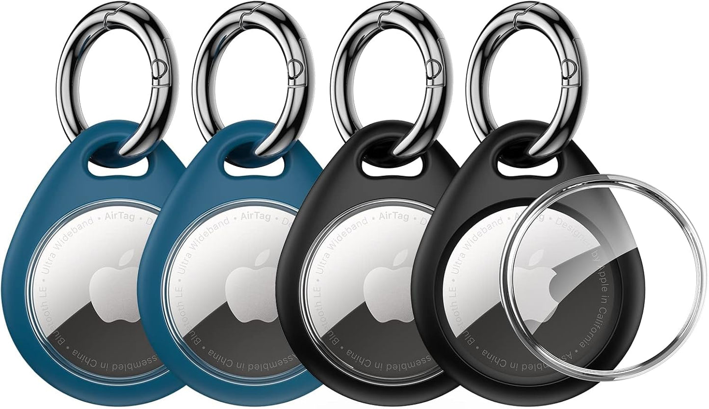 360° Airtag Protective Case – 4-Pack TPU Keyring Holder, Scratch-Resistant Full Cover for Keys, Bags, Luggage & Pets [4-Pack] (Black&Blue)
