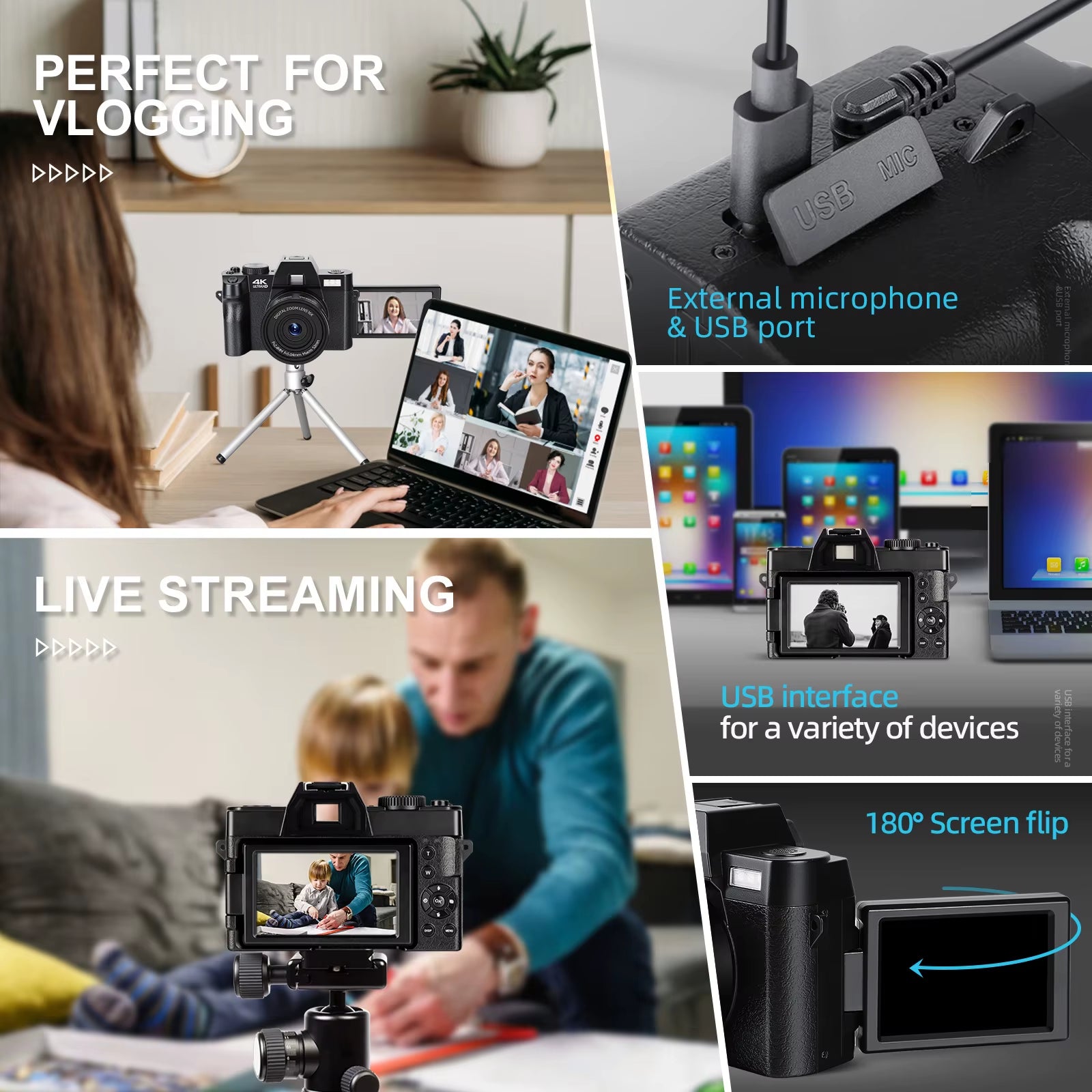 4K Digital Camera with Flip Screen – 48MP Selfie Vlogging Camcorder, WiFi, Macro Lens, 16X Zoom