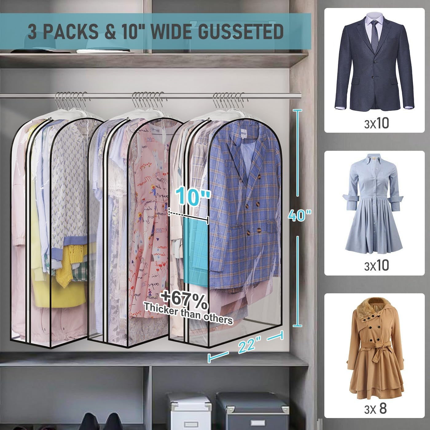 Clear Gusseted Garment Bags – 100cm Waterproof Suit Covers with Side Zip (3-Pack)