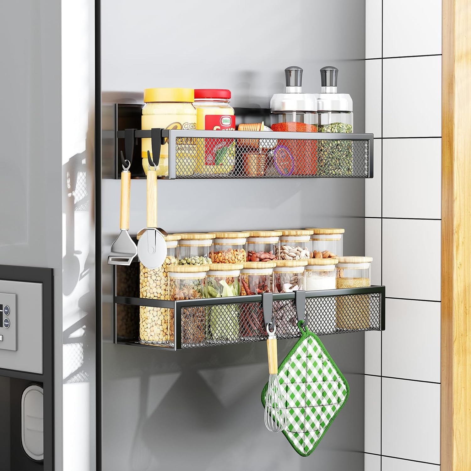 Magnetic Spice Rack for Refrigerator – Fridge Organizer with 4 Moveable Hooks for Kitchen Storage(2 Pack)