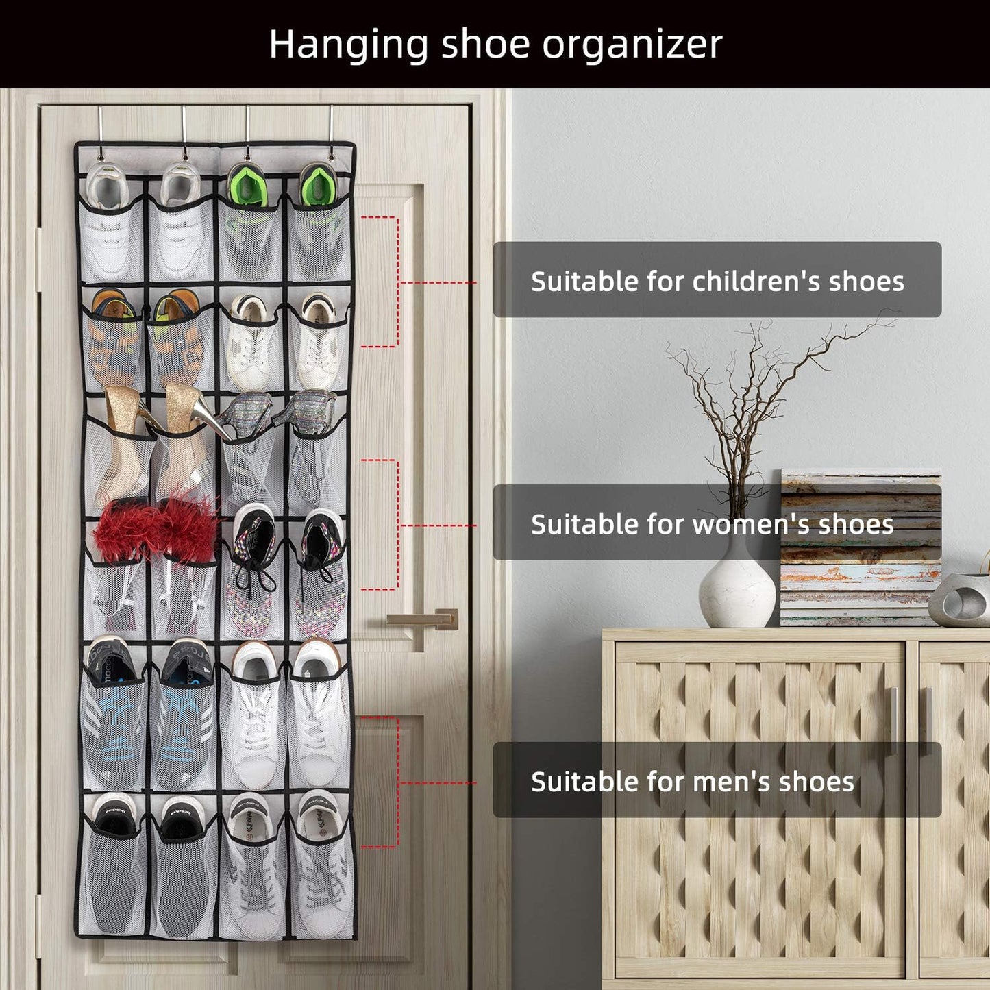 Over-the-Door Shoe Organizer – 24 Mesh Pocket Hanging Shoe Rack for Men, Women & Kids (White)