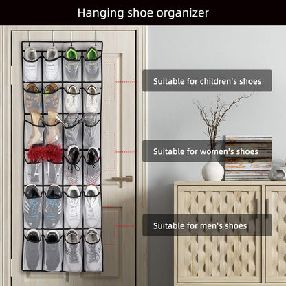 Over-the-Door Shoe Organizer – 24 Mesh Pocket Hanging Shoe Rack for Men, Women & Kids (White)