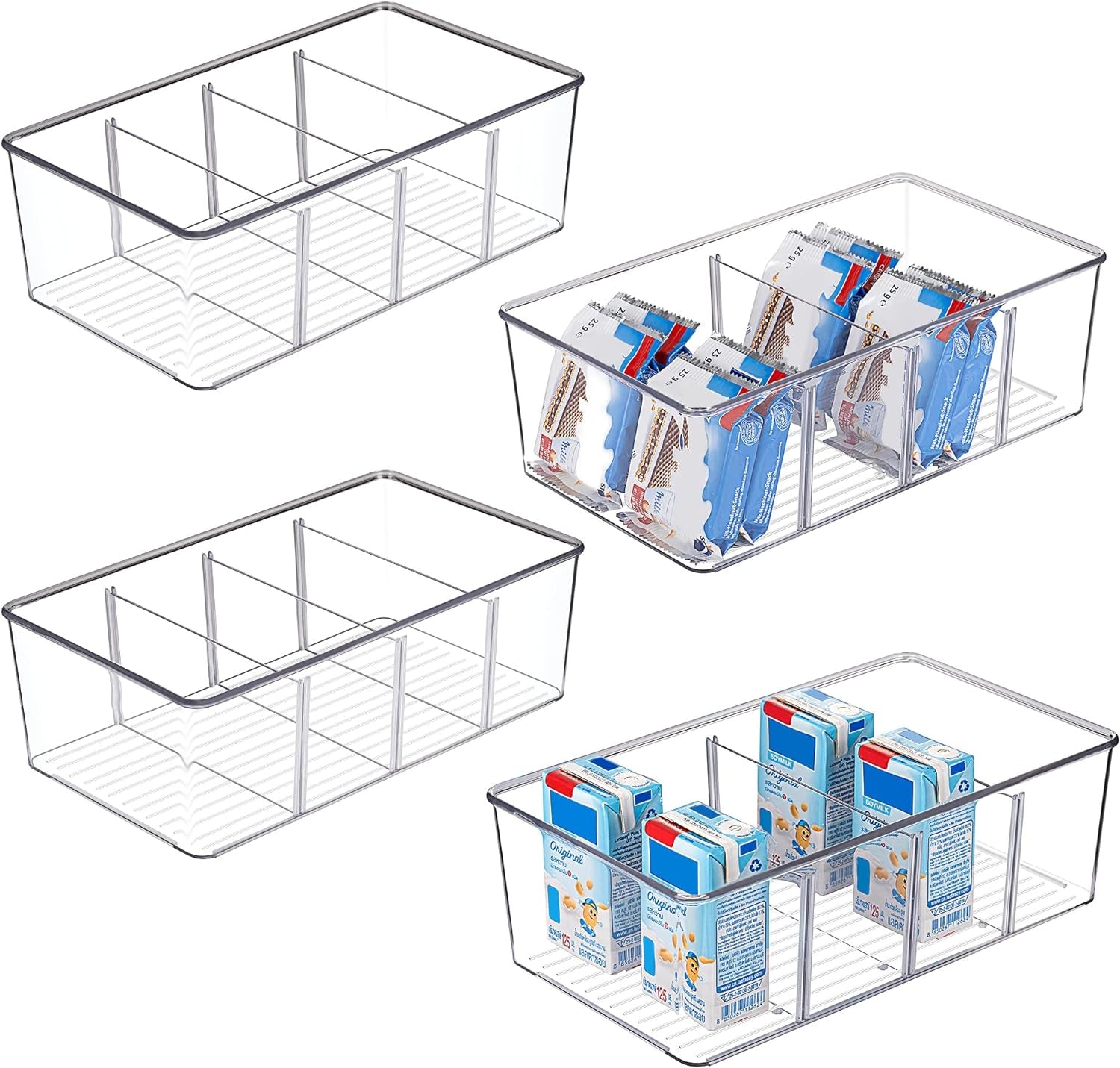 4-Pack Clear Food Storage Organizer Bins – Pantry, Kitchen & Fridge Storage with 4 Compartments