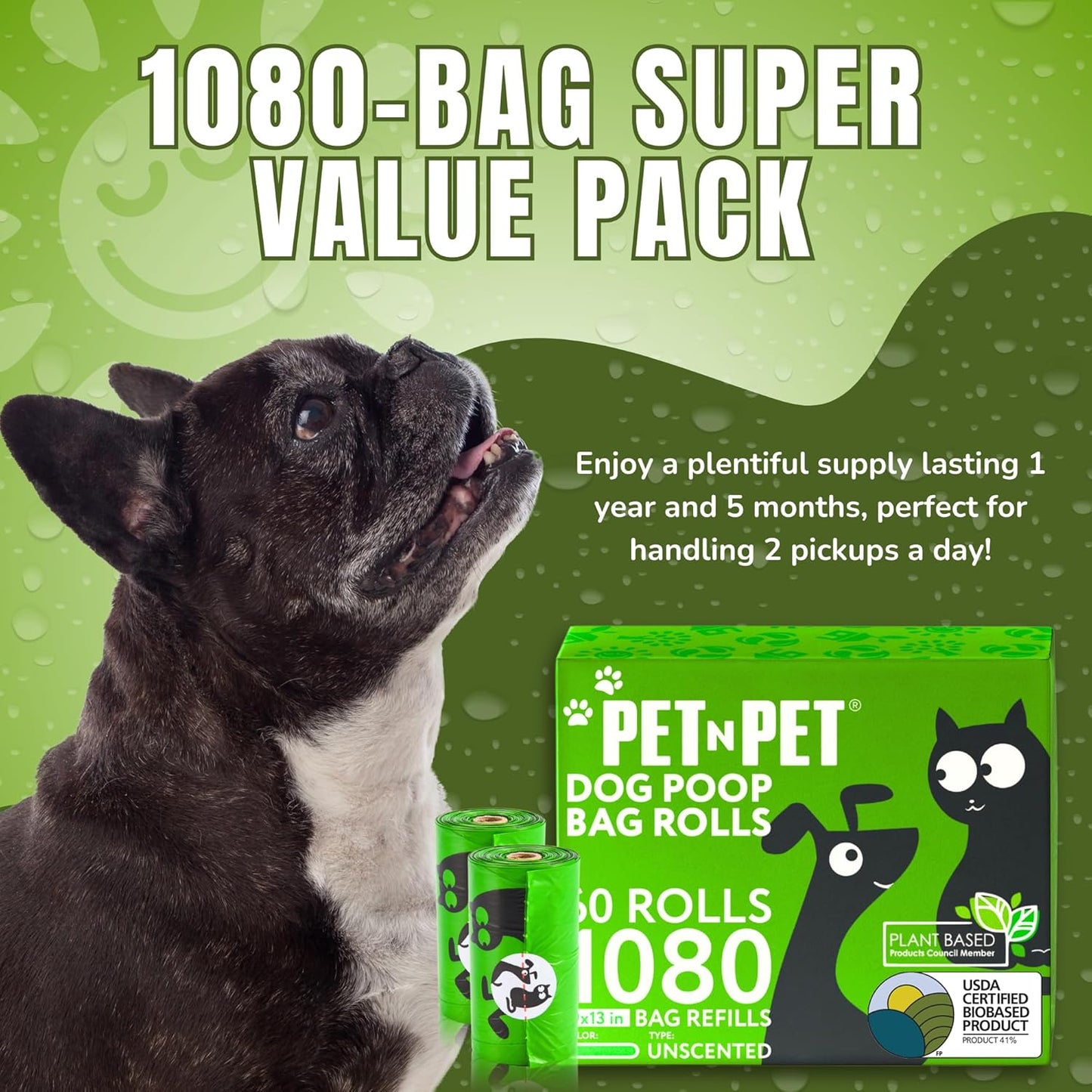 1080-Count Dog Poop Bags – 41% Plant-Based, Thick, Leak-Proof, Unscented (72 Rolls, 9×13)