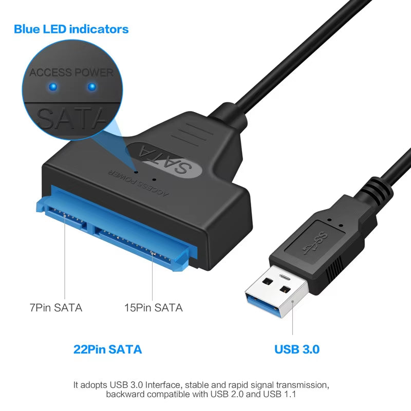 SATA to USB 3.0/2.0 Adapter Cable – 6Gbps for 2.5" HDD & SSD, SATA III 22-Pin to USB