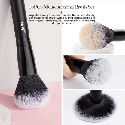 Black Makeup Brush Set (10 Pcs) with Natural Synthetic Hair 