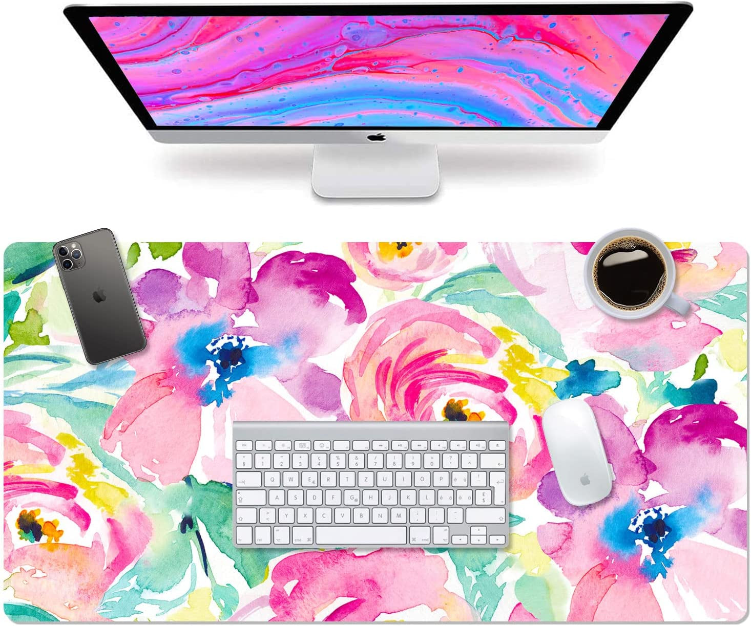 Large Pink Floral Desk Mat – XL Mouse Pad & Keyboard Pad for Office, School & Laptop Protection