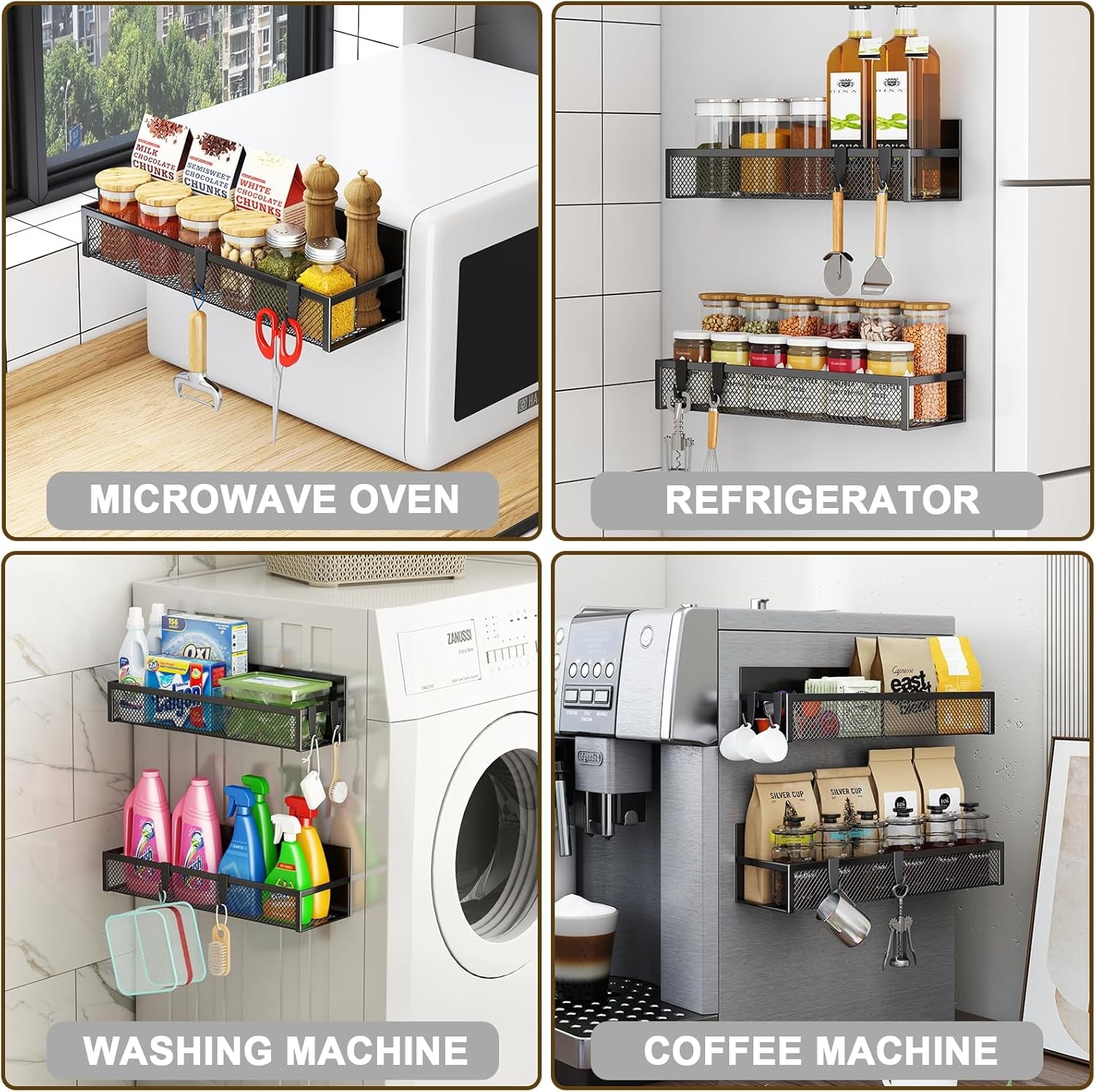 Magnetic Spice Rack for Refrigerator – Fridge Organizer with 4 Moveable Hooks for Kitchen Storage(2 Pack)