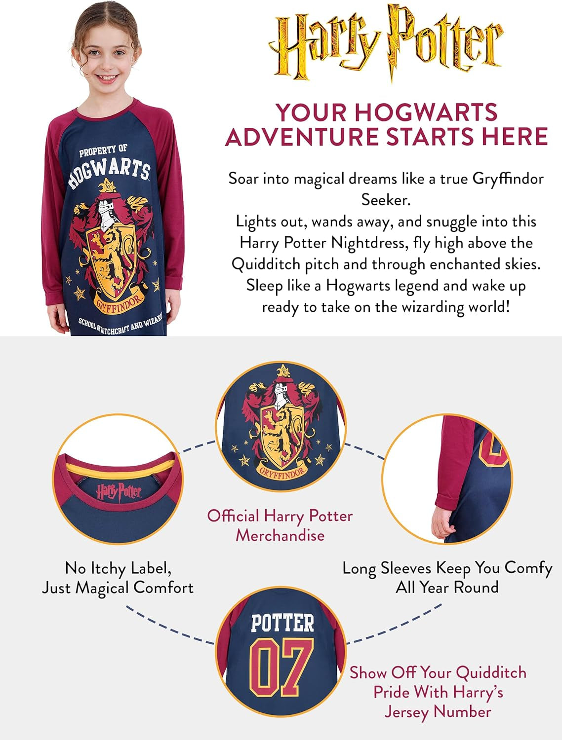 Gryffindor Girls Nightdress – Long Sleeve Hogwarts Nightie for Kids ( 11-12 Years)