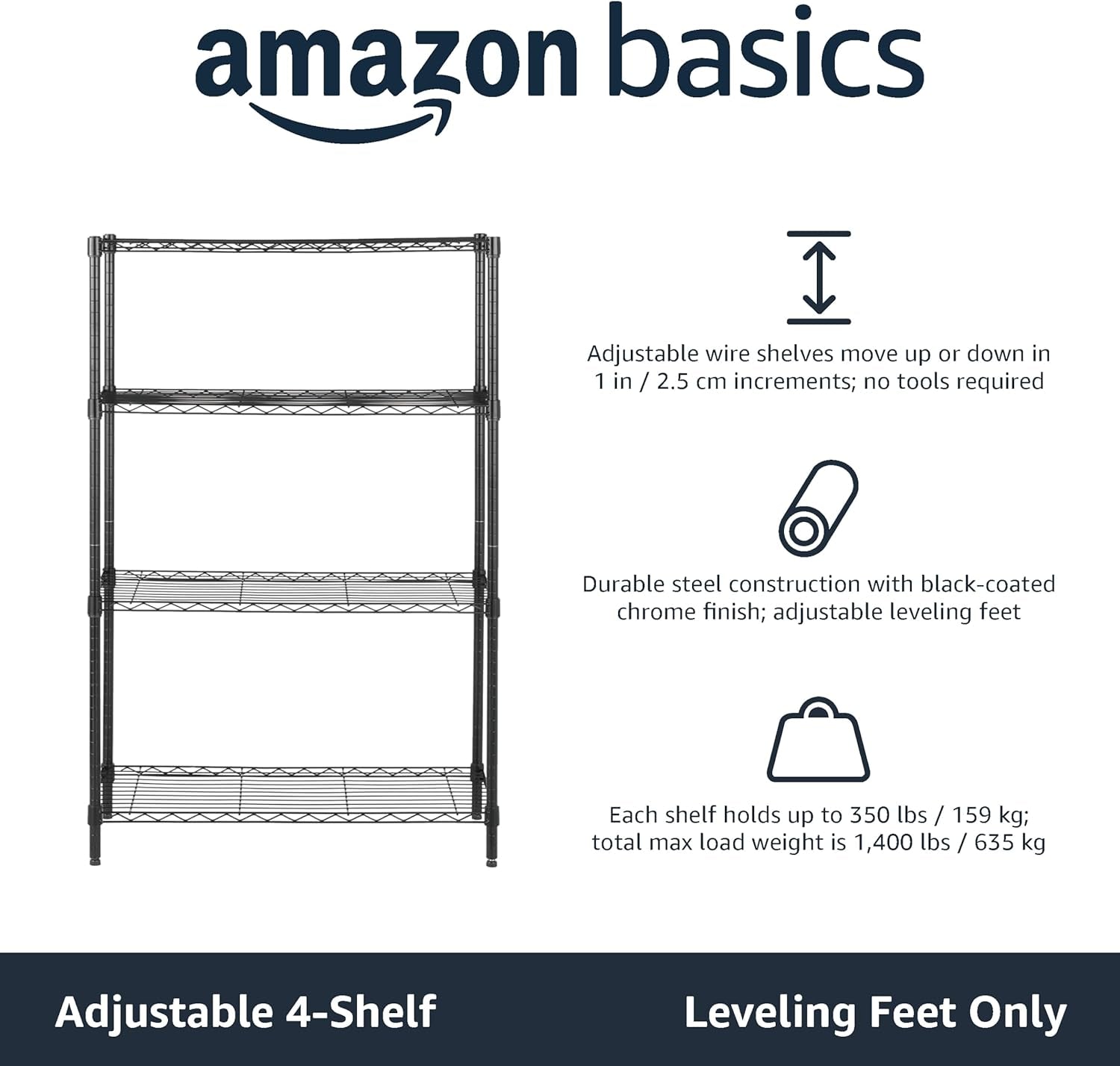 4-Shelf Adjustable Storage Unit – Black, 640 kg Max Load, Levelling Feet, 35.6×91.4×137.1 cm