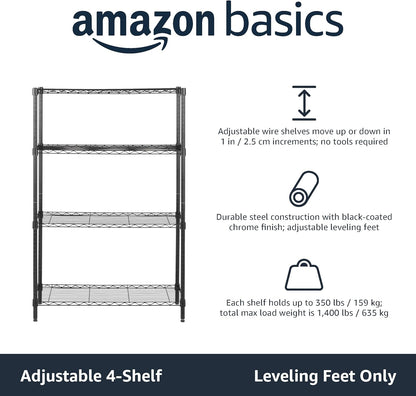 4-Shelf Adjustable Storage Unit – Black, 640 kg Max Load, Levelling Feet, 35.6×91.4×137.1 cm