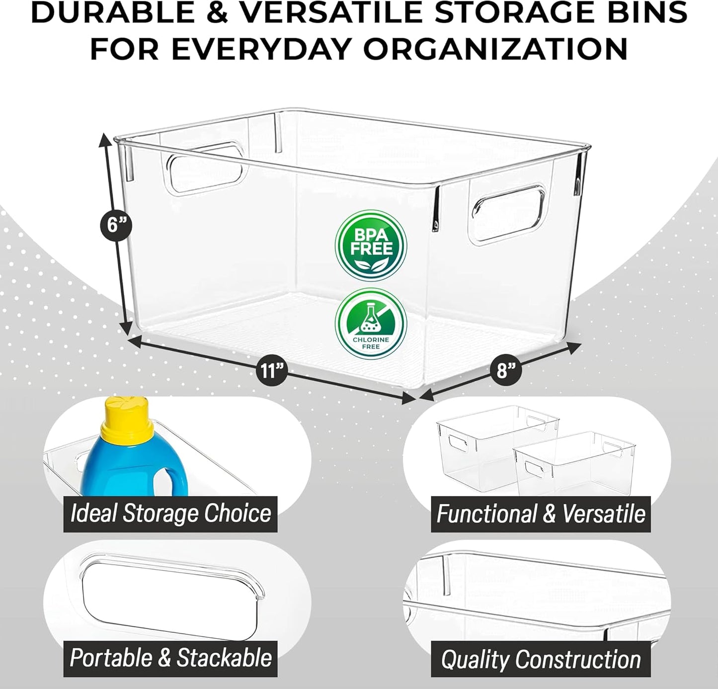 Plastic Storage Bins – Kitchen, Pantry & Fridge Organizer for Cabinet and Pantry Storage (4-Pack)