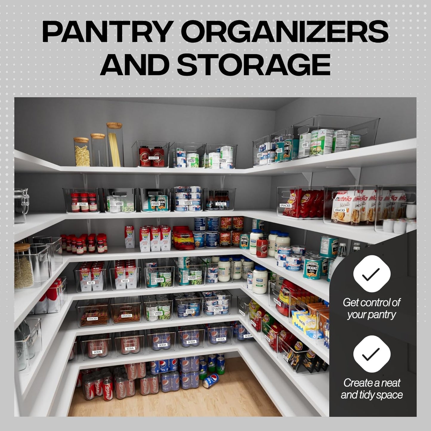Plastic Storage Bins – Kitchen, Pantry & Fridge Organizer for Cabinet and Pantry Storage (4-Pack)