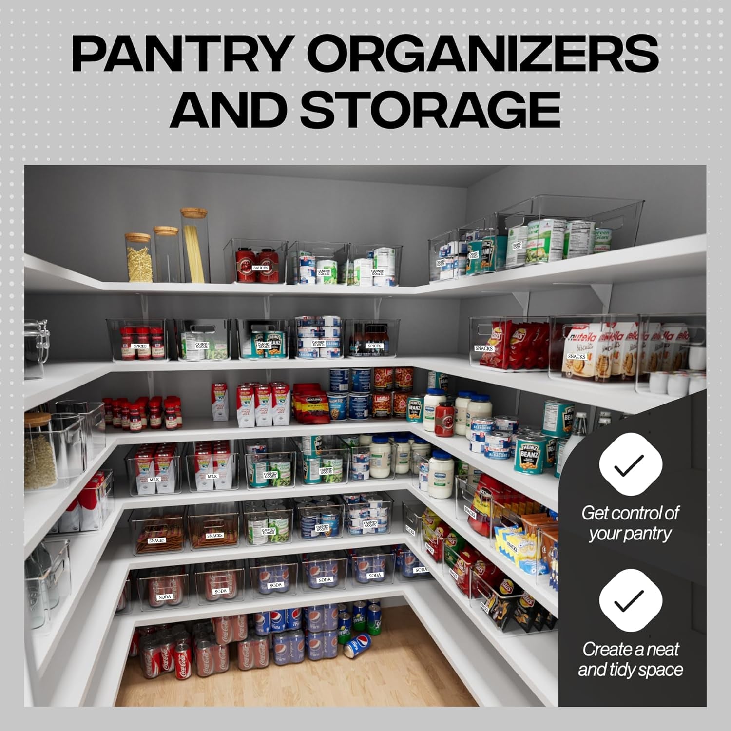Plastic Storage Bins – Kitchen, Pantry & Fridge Organizer for Cabinet and Pantry Storage (4-Pack)