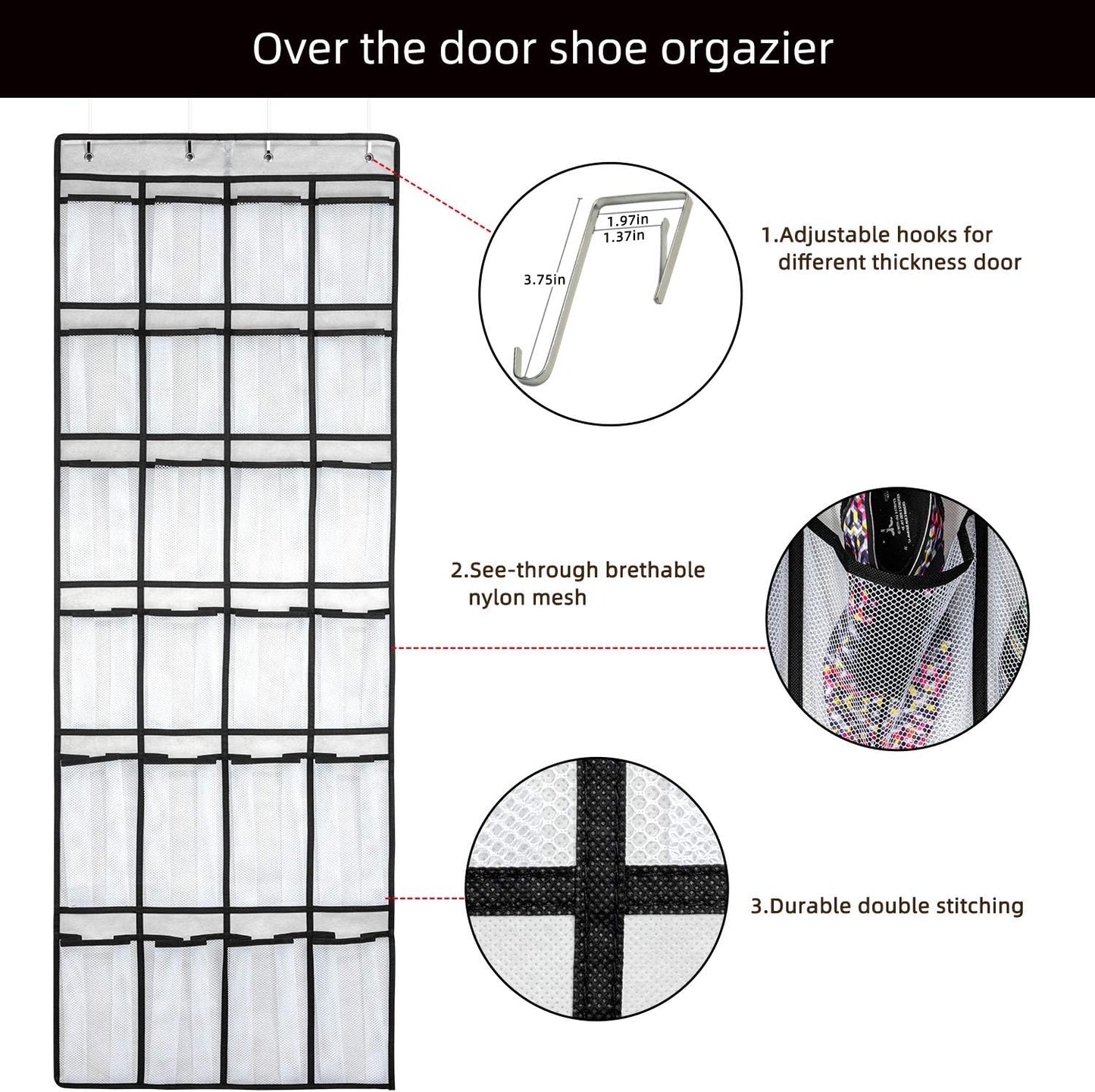 Over-the-Door Shoe Organizer – 24 Mesh Pocket Hanging Shoe Rack for Men, Women & Kids (White)