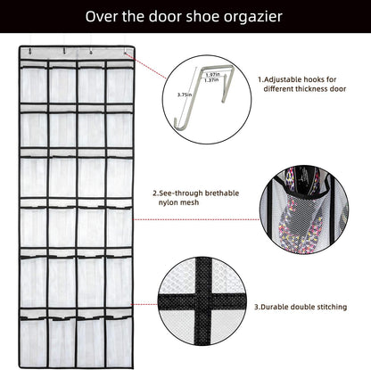 Over-the-Door Shoe Organizer – 24 Mesh Pocket Hanging Shoe Rack for Men, Women & Kids (White)