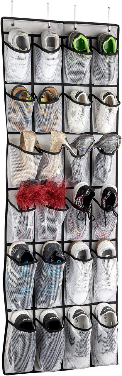 Over-the-Door Shoe Organizer – 24 Mesh Pocket Hanging Shoe Rack for Men, Women & Kids (White)