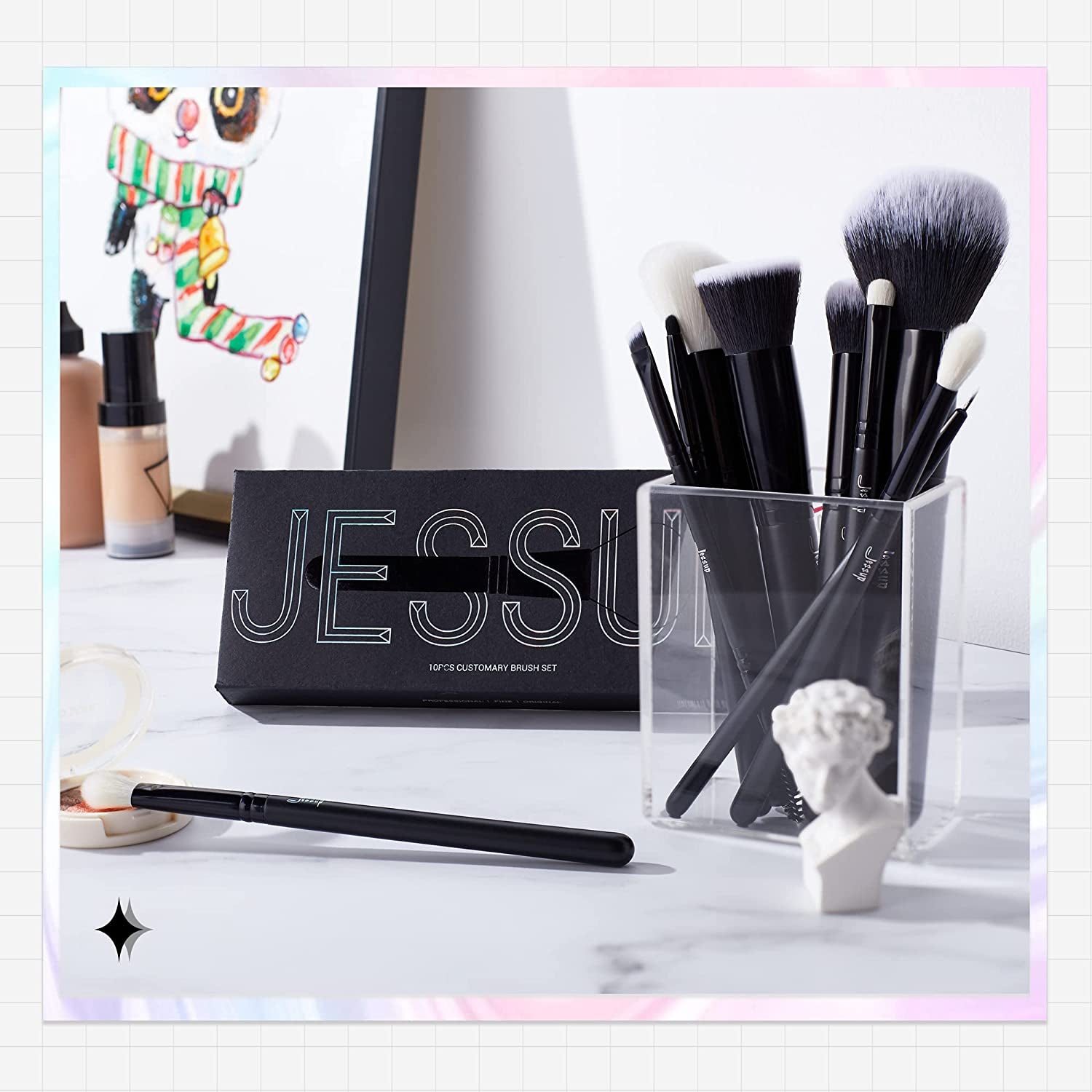 Black Makeup Brush Set (10 Pcs) with Natural Synthetic Hair 