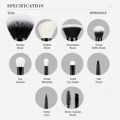 Black Makeup Brush Set (10 Pcs) with Natural Synthetic Hair 