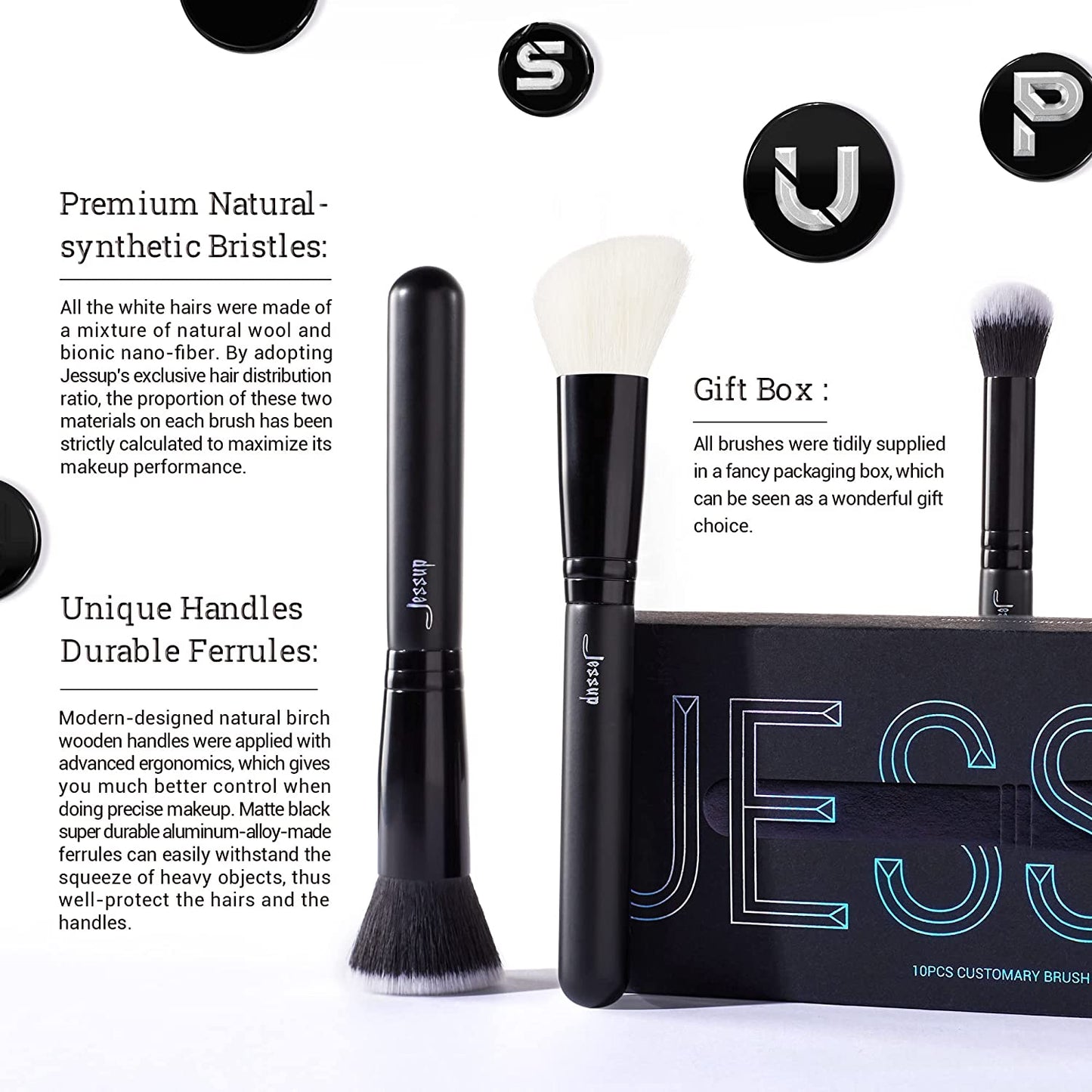 Black Makeup Brush Set (10 Pcs) with Natural Synthetic Hair 