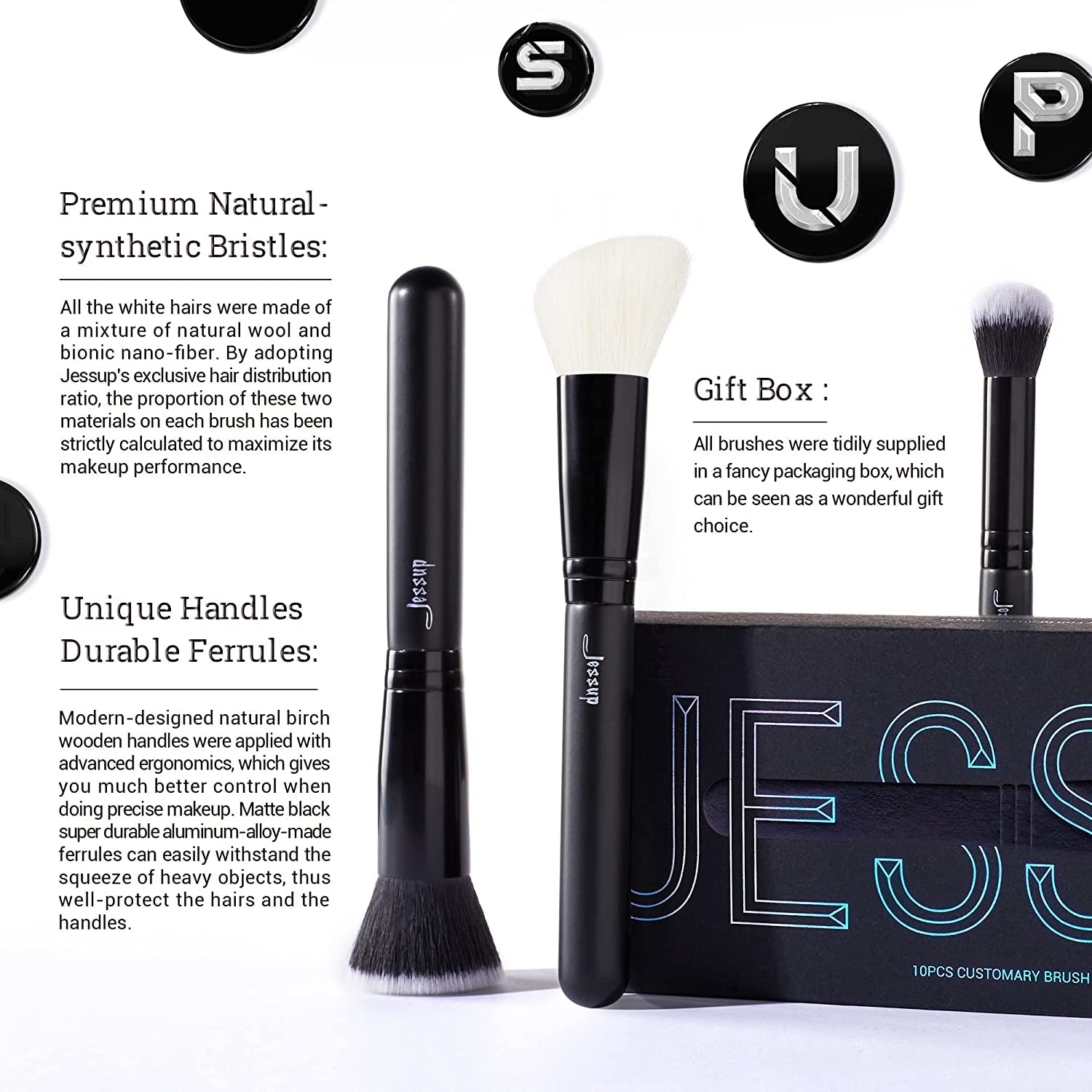 Black Makeup Brush Set (10 Pcs) with Natural Synthetic Hair 