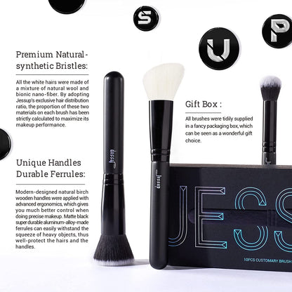 Black Makeup Brush Set (10 Pcs) with Natural Synthetic Hair 