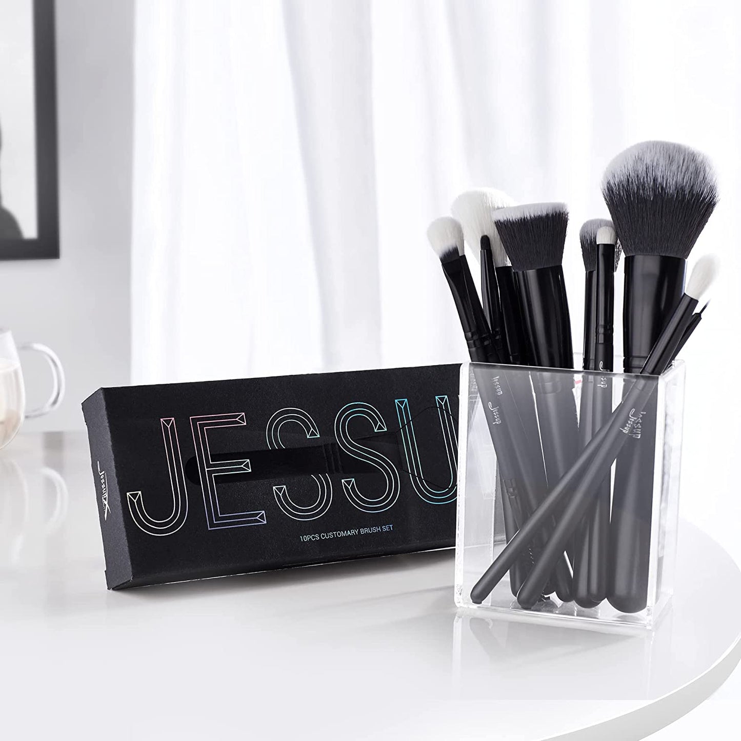 Black Makeup Brush Set (10 Pcs) with Natural Synthetic Hair 