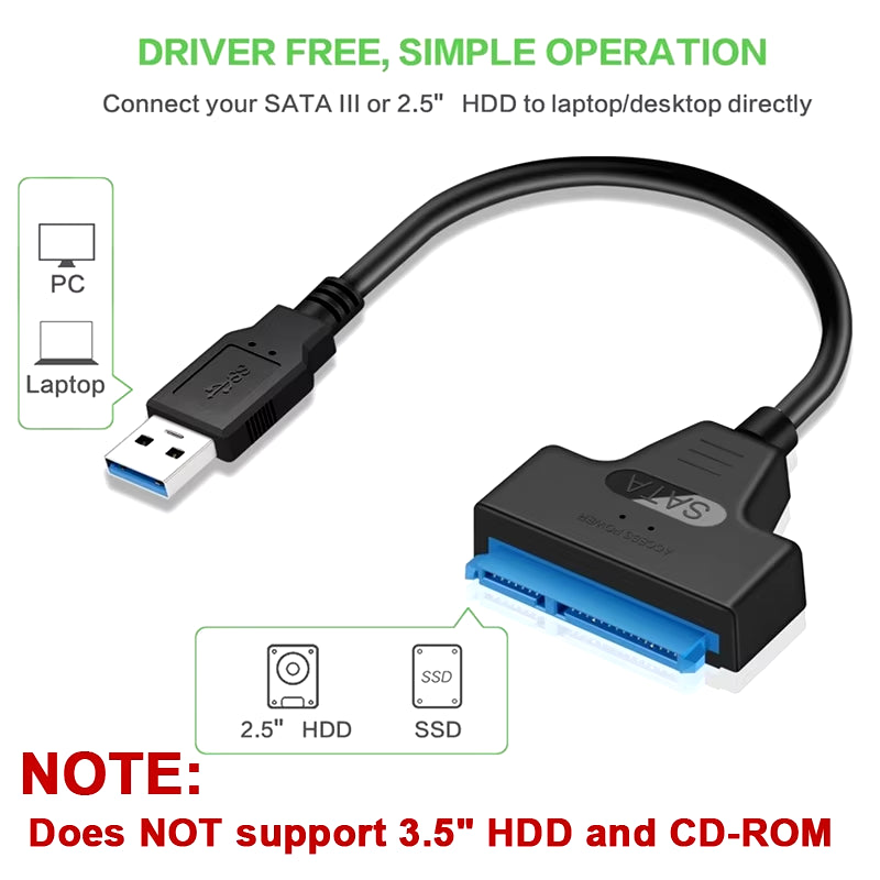 SATA to USB 3.0/2.0 Adapter Cable – 6Gbps for 2.5" HDD & SSD, SATA III 22-Pin to USB