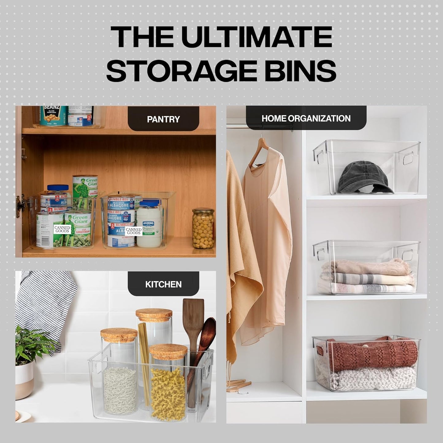 Plastic Storage Bins – Kitchen, Pantry & Fridge Organizer for Cabinet and Pantry Storage (4-Pack)